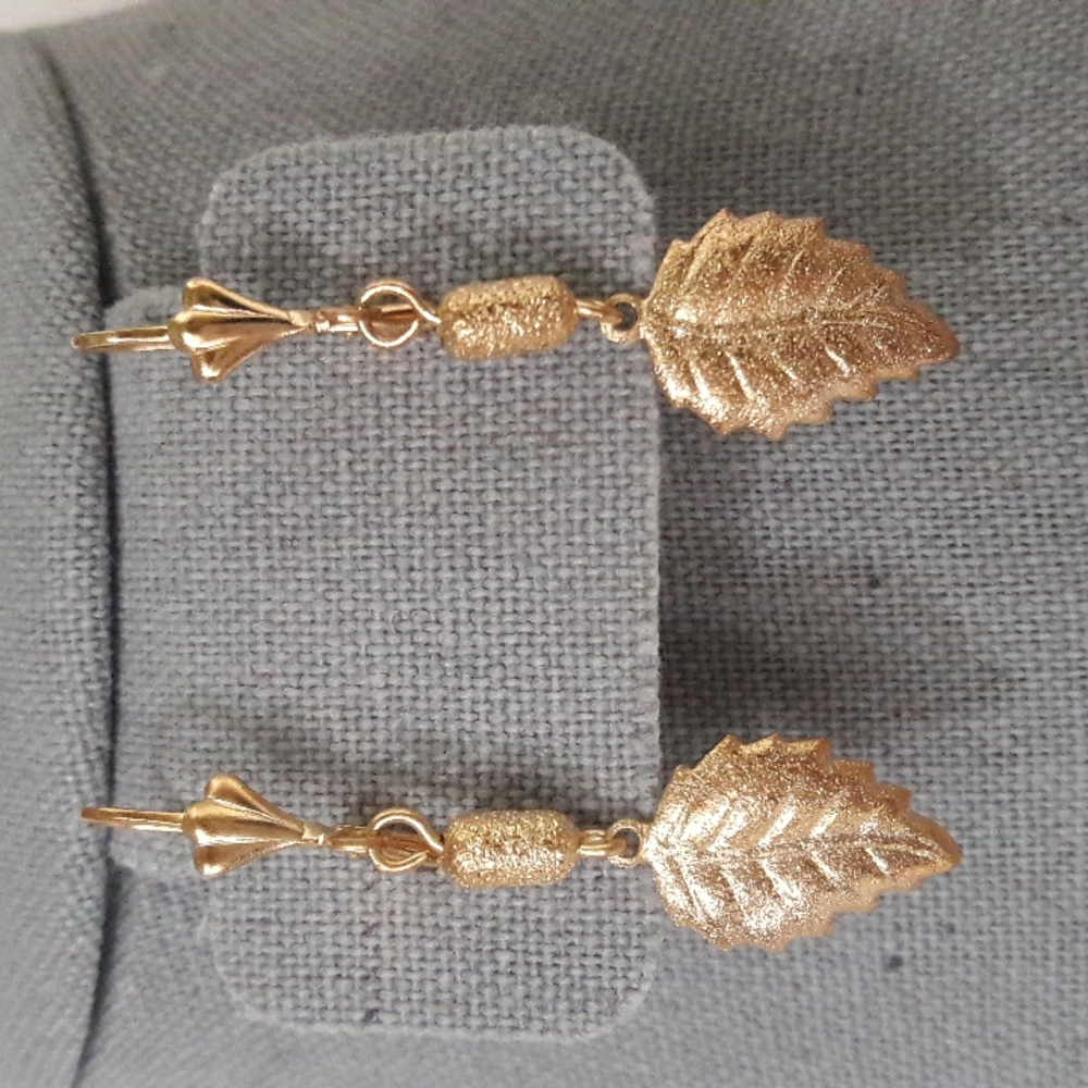 18K Yellow Gold Plated Dangle Leaf Pair of Earrings Tarnish Free